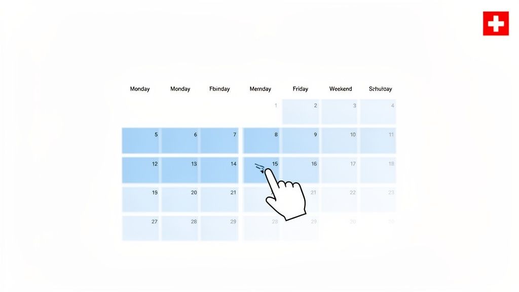 Eine Hand klickt auf den 15. Tag in einem digitalen Kalender, der Arbeitstage blau hervorhebt.