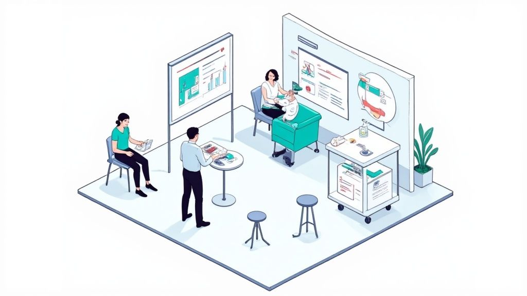 Drei Personen in einem modernen Büro arbeiten an Präsentationen, betreuen ein Baby und organisieren Dokumente.