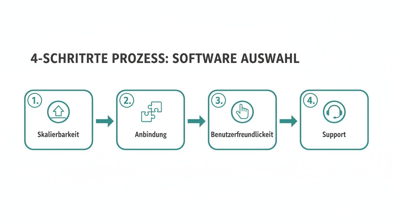Vier-Schritte-Prozess zur Softwareauswahl: Skalierbarkeit, Anbindung, Benutzerfreundlichkeit und Support.