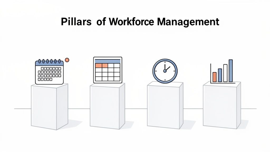 Vier Säulen des Workforce Managements, dargestellt mit Icons für Planung, Anwesenheit, Zeiterfassung und Analysen.