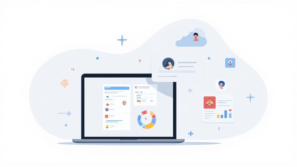 Ein Laptop zeigt ein Dashboard mit Diagrammen und Listen, umgeben von Benutzeroberflächenelementen, Profilbildern und Formen.