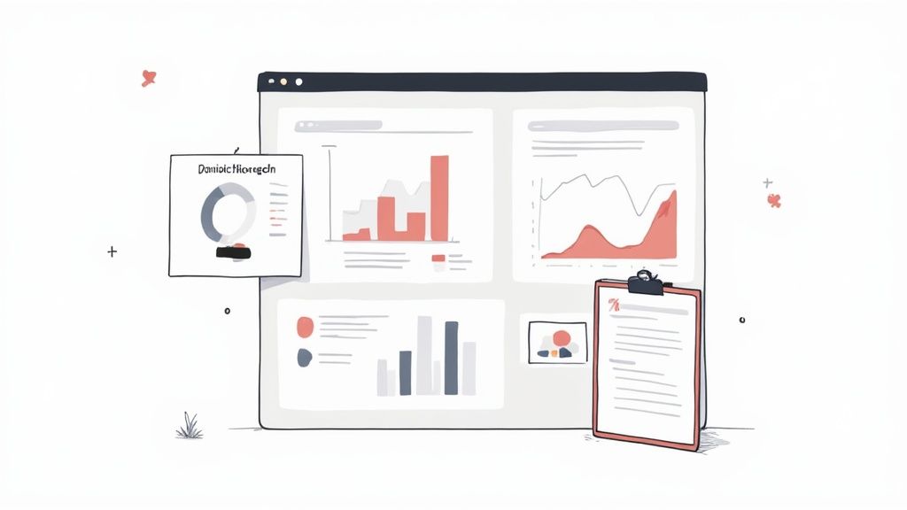 Dashboard-Illustration mit verschiedenen Diagrammen, Datenanalysen und Berichten für kurzfristige Schichtbesetzung bei Events.