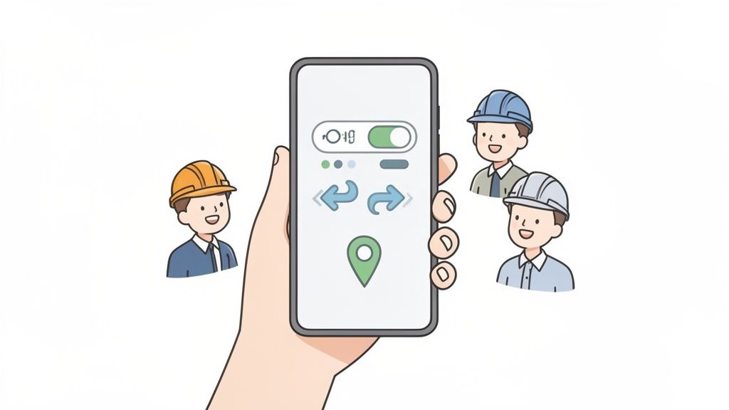 Hand hält Smartphone mit App zur Steuerung und Navigation, umgeben von lächelnden Bauarbeitern/Ingenieuren.