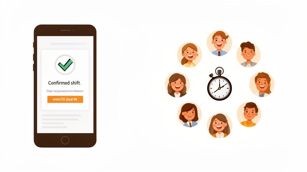Smartphone zeigt eine bestätigte Schicht an. Eine Gruppe von Mitarbeitern umgibt eine Stoppuhr, was Personalplanung darstellt.