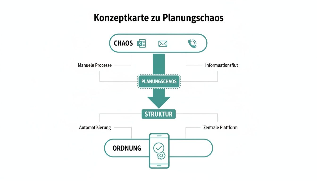Konzeptkarte zum Planungschaos, das durch manuelle Prozesse und Informationsflut entsteht und zu Struktur durch Automatisierung und eine zentrale Plattform führt.