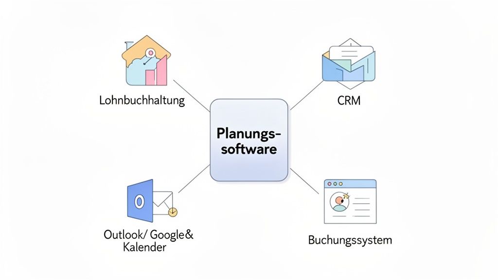 Diagramm zeigt zentrale Planungssoftware, die mit Lohnbuchhaltung, CRM, Kalender und Buchungssystem verbunden ist.