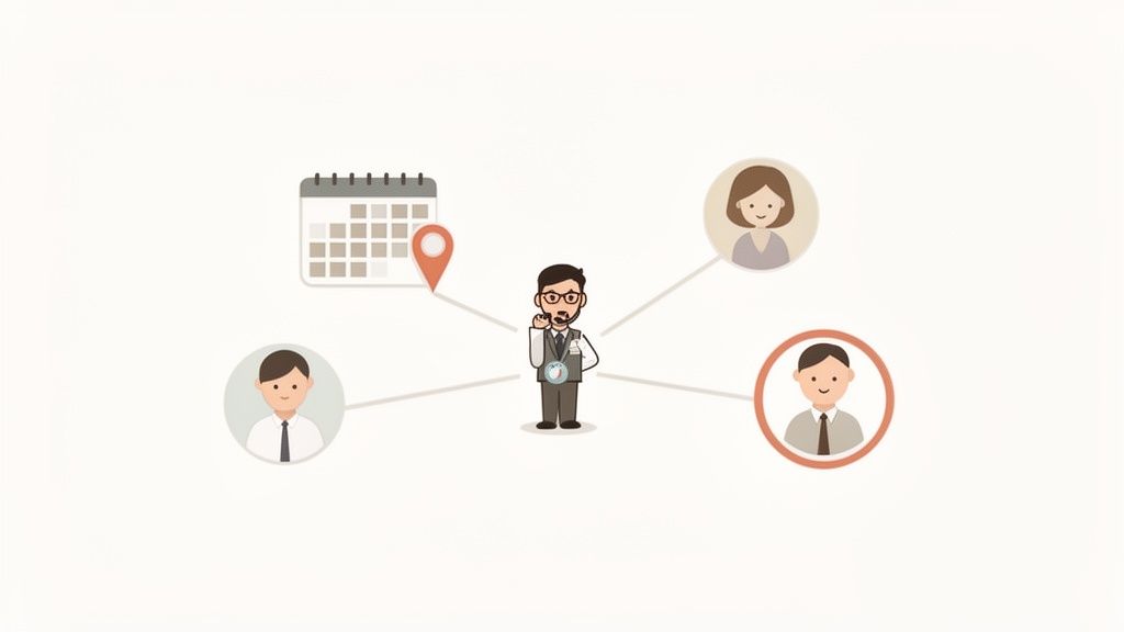 Ein Mann mit Headset koordiniert Aktivitäten mit einem Kalender, einem Standort-Pin und drei Personen-Avataren (zwei Männer, eine Frau).
