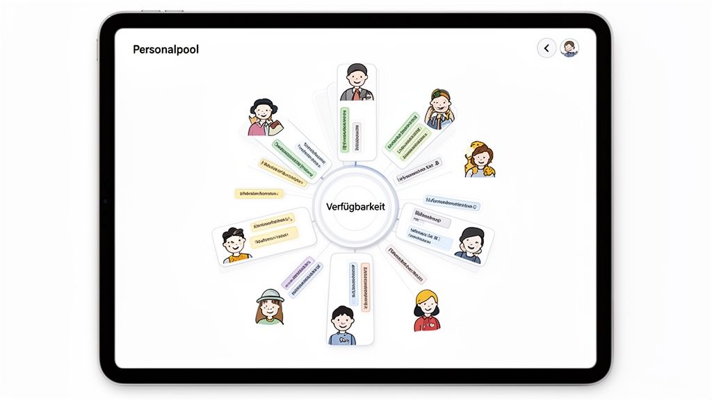 Tablet zeigt eine Mindmap zur Personalpool-Verfügbarkeit mit zentralem Thema und umgebenden Mitarbeitern samt Qualifikationen.