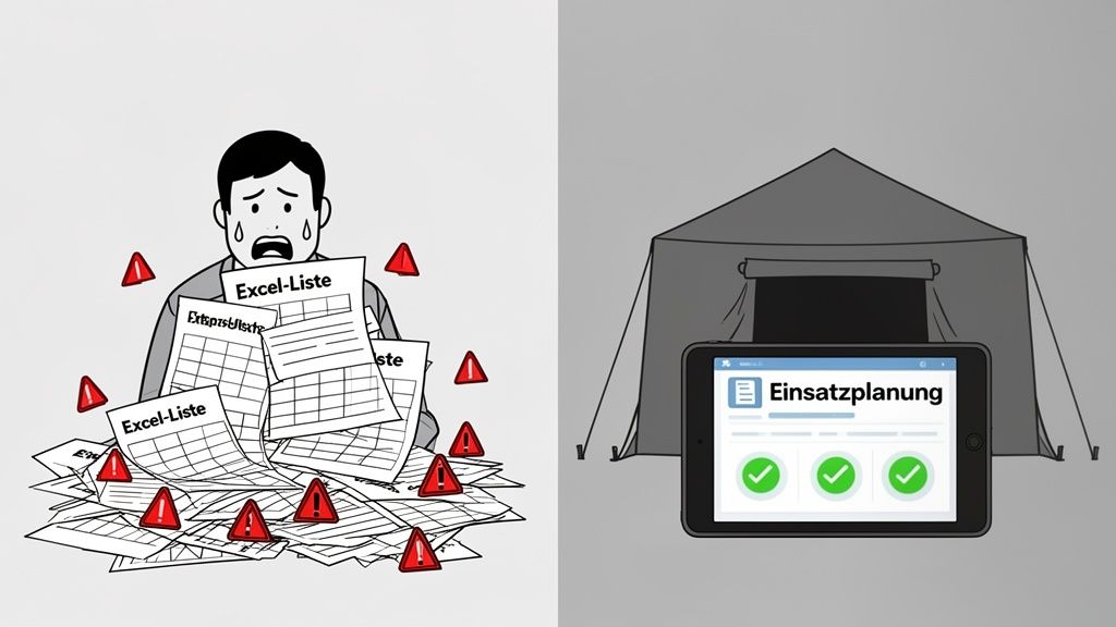 Mann kämpft mit Excel-Listen und Warnungen, während Tablet erfolgreiche digitale Einsatzplanung im Zelt zeigt.