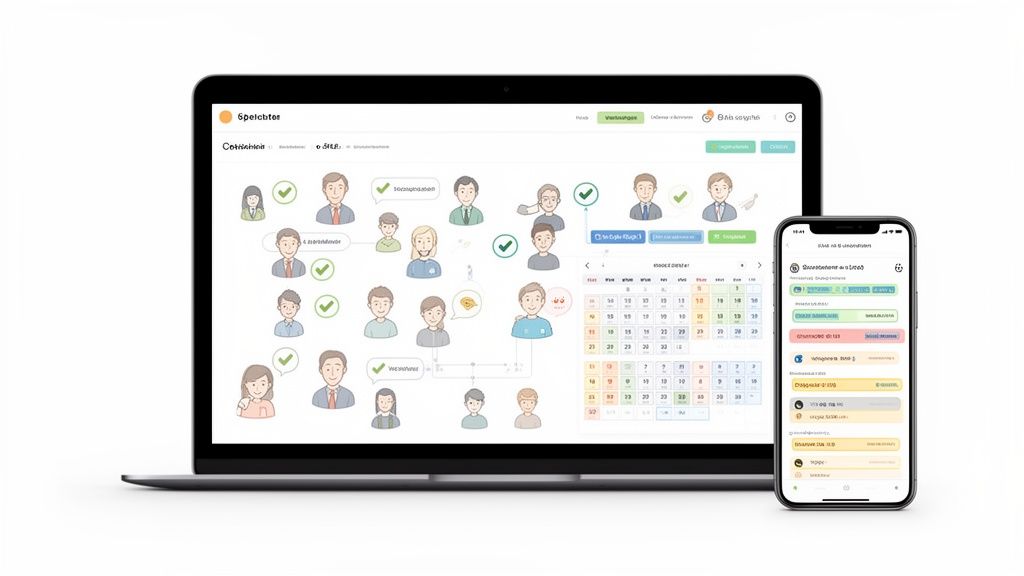 Laptop und Smartphone zeigen eine Software zur Personal- und Terminverwaltung mit Kalender und Mitarbeiterübersicht.