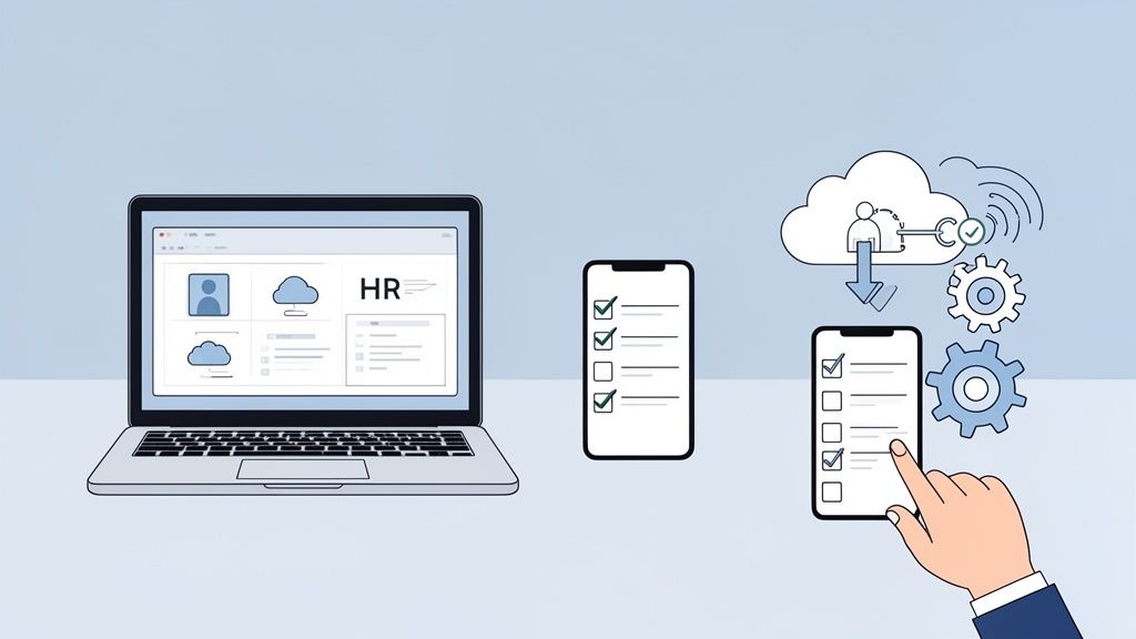 Laptop mit HR-Dashboard, Smartphones mit Checklisten, Cloud-Verarbeitung und mobile Aufgabenverwaltung.