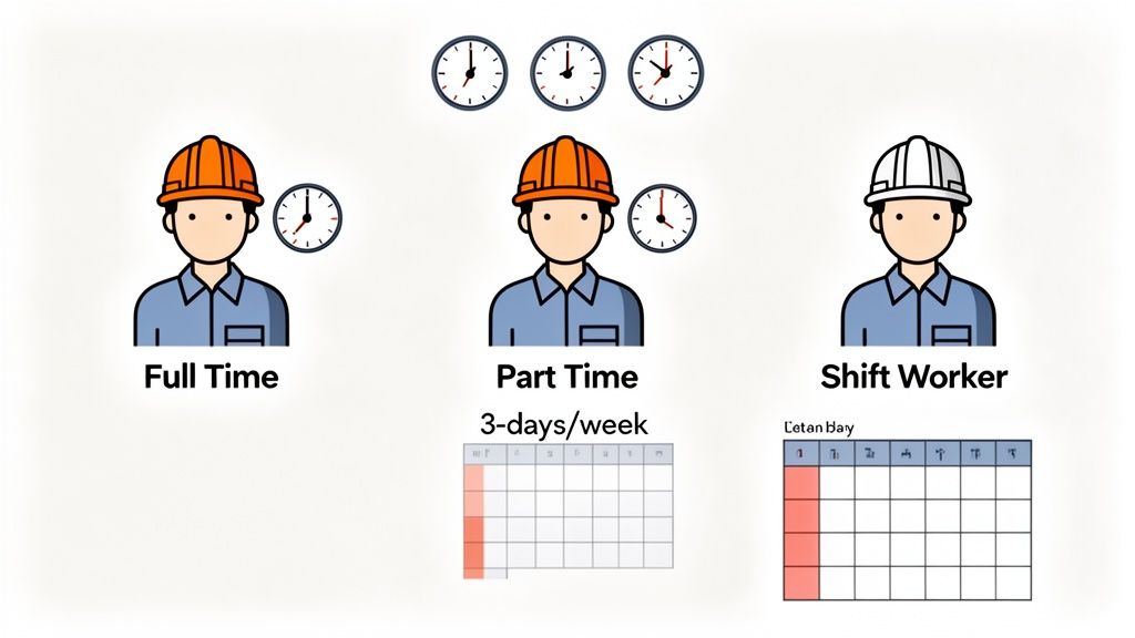 Darstellung von Vollzeit-, Teilzeit- und Schichtarbeitern mit Uhren und Kalendern zur Veranschaulichung der Arbeitszeiten.
