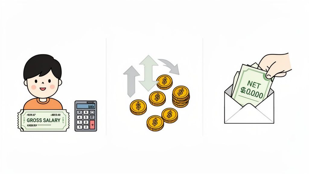 Cartoon-Darstellung der Berechnung des Nettogehalts aus dem Bruttogehalt, inklusive Abzüge und Auszahlung.