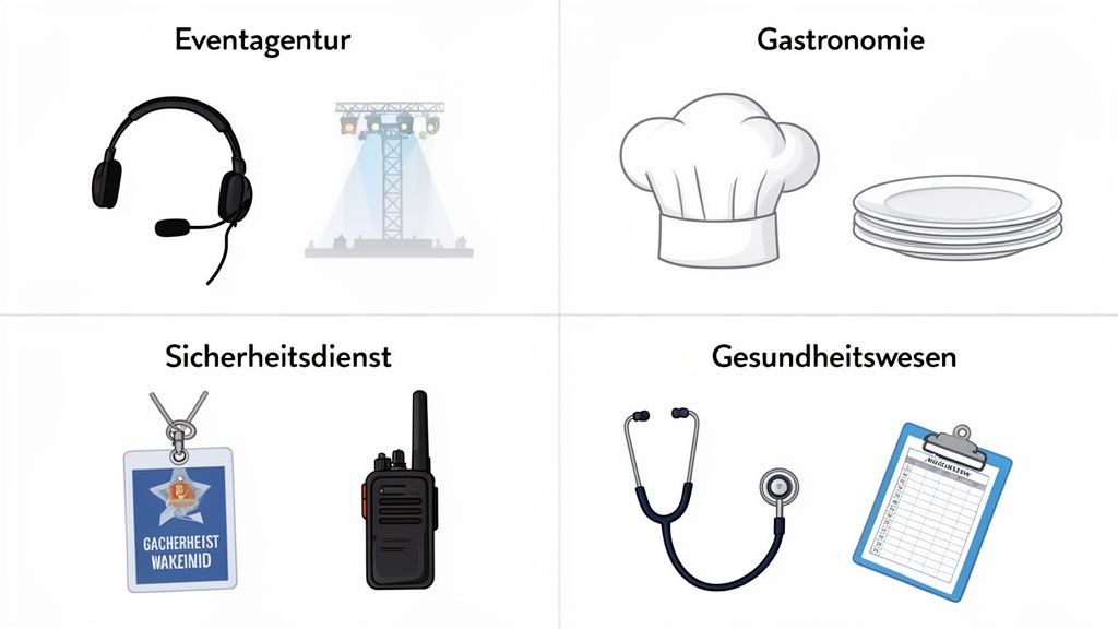 Illustration von vier Branchen: Eventagentur mit Headset und Bühne, Gastronomie mit Kochmütze und Tellern, Sicherheitsdienst mit Ausweis und Funkgerät, Gesundheitswesen mit Stethoskop und Klemmbrett.