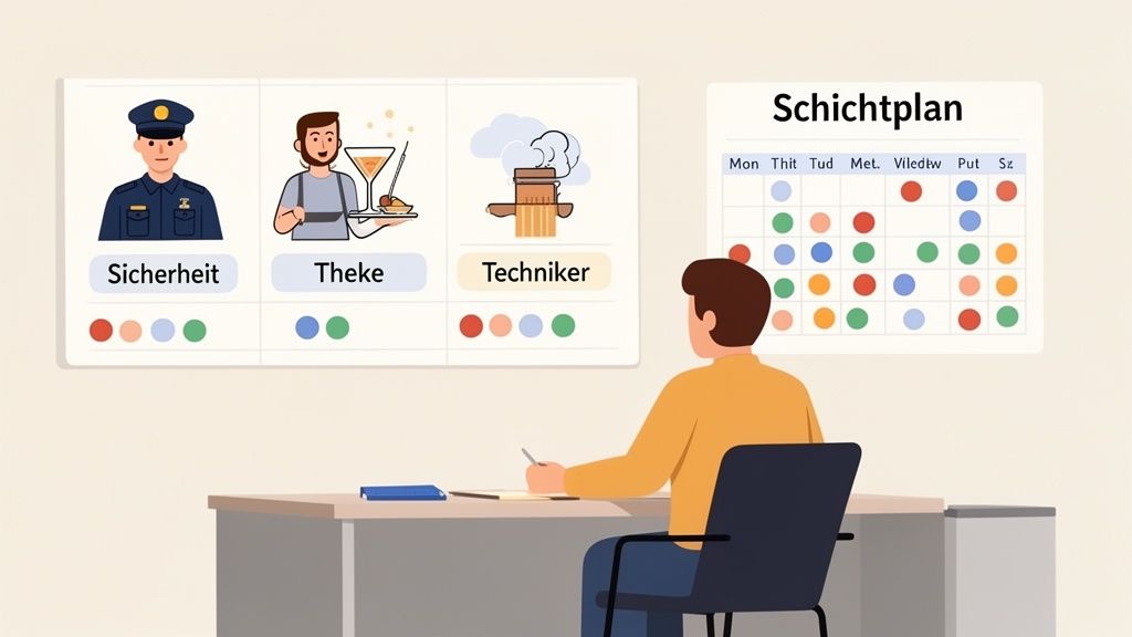 Eine Person erstellt einen Schichtplan für Sicherheit, Theke und Techniker mit farbigen Markierungen.