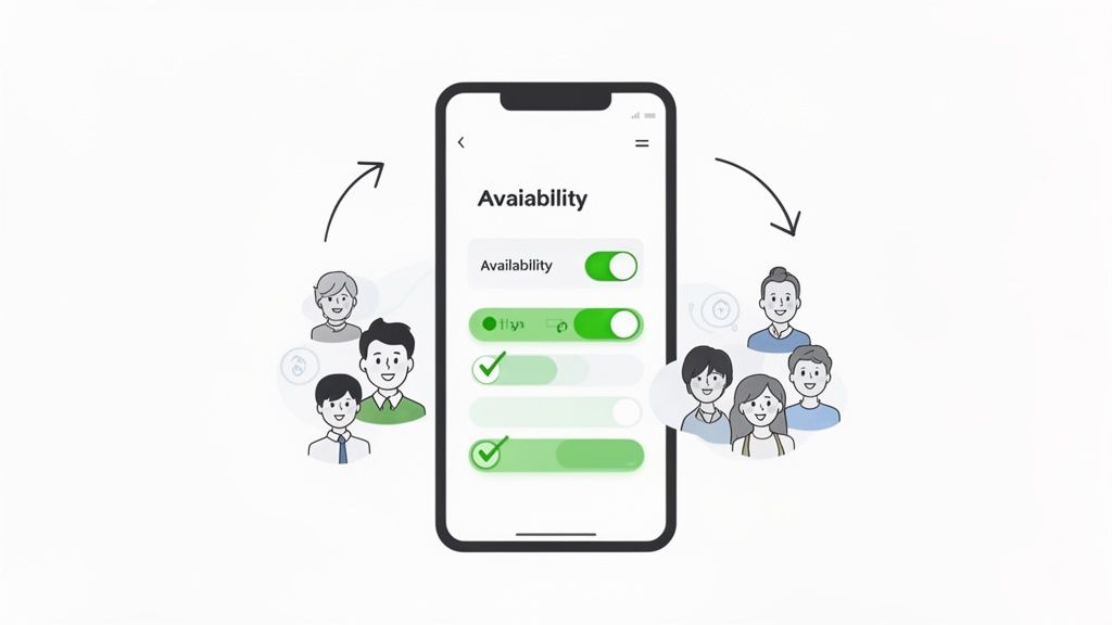 Smartphone-App zur Verfügbarkeitsverwaltung mit Personen-Avataren und Pfeilen, die den Informationsfluss darstellen.