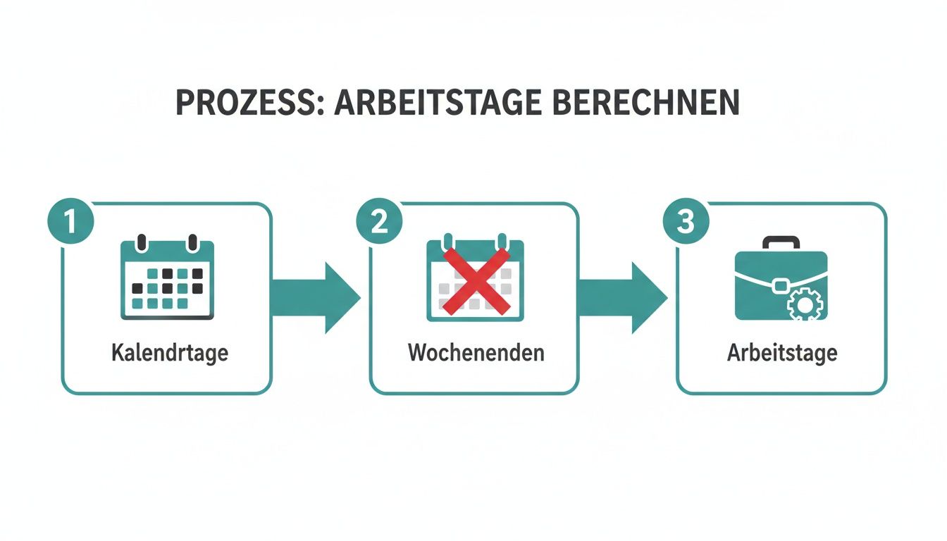 Infografik zum Prozess der Berechnung von Arbeitstagen: von Kalendertagen über Wochenenden zu den tatsächlichen Arbeitstagen.