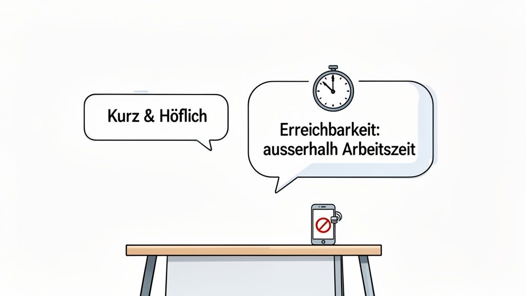 Illustration von Sprechblasen über Erreichbarkeit außerhalb der Arbeitszeit mit Stoppuhr und Smartphone auf einem Schreibtisch.
