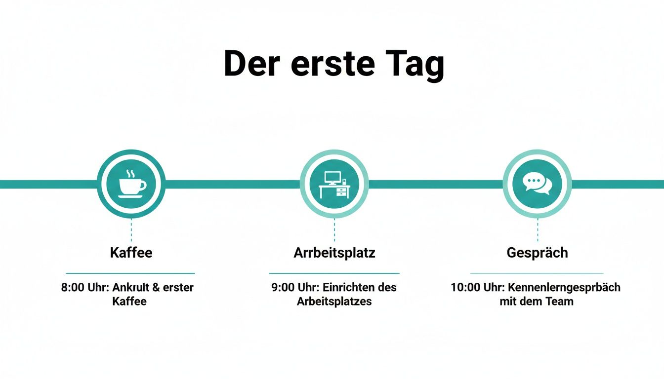 Timeline zum ersten Arbeitstag eines neuen Mitarbeiters mit Stationen: Kaffee, Arbeitsplatz einrichten, Kennenlerngespräch mit dem Team.