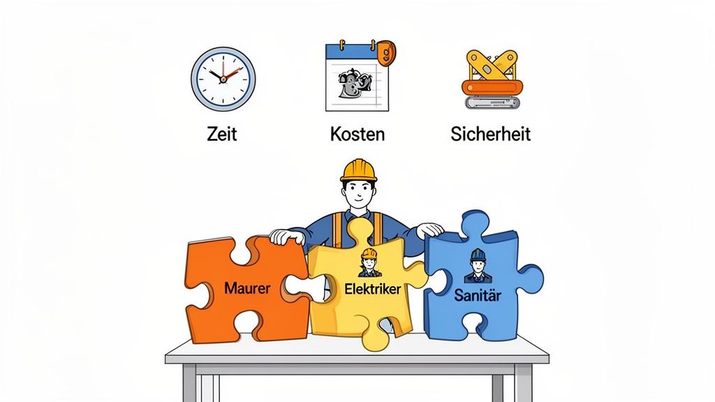 Bauarbeiter mit Puzzle-Teilen (Maurer, Elektriker, Sanitäter) und Symbolen für Zeit, Kosten, Sicherheit.