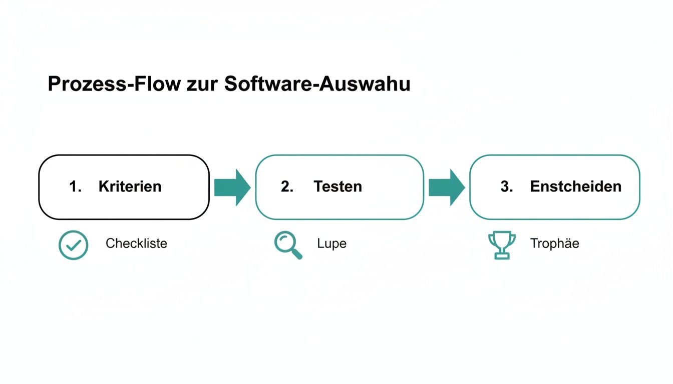 Prozess-Flow zur Software-Auswahl mit drei Schritten: Kriterien, Testen und Entscheiden, illustriert mit Icons und Beschreibungen.