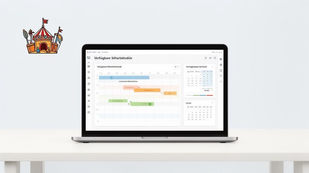 Laptop zeigt eine Software zur Mitarbeiterplanung mit Zeitplänen und Kalendern auf einem weißen Schreibtisch.