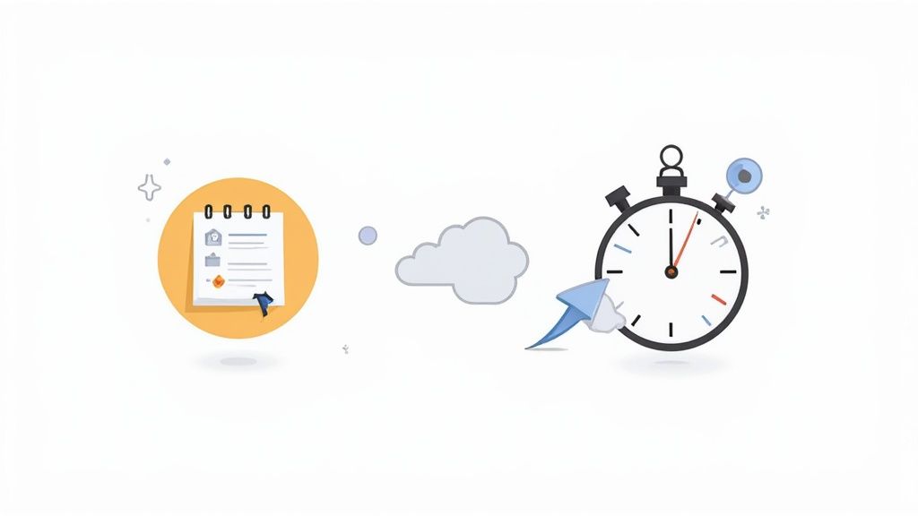 Illustrationen zeigen Dienstplan-Dokument und Stoppuhr, symbolisieren effiziente Planung flexibler Arbeitszeiten im Unternehmen