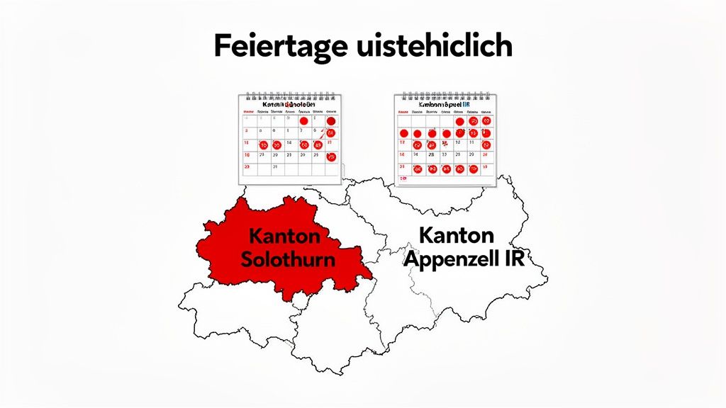 Karte der Schweizer Kantone Solothurn und Appenzell IR mit Kalendern, die die Anzahl der Feiertage vergleichen.