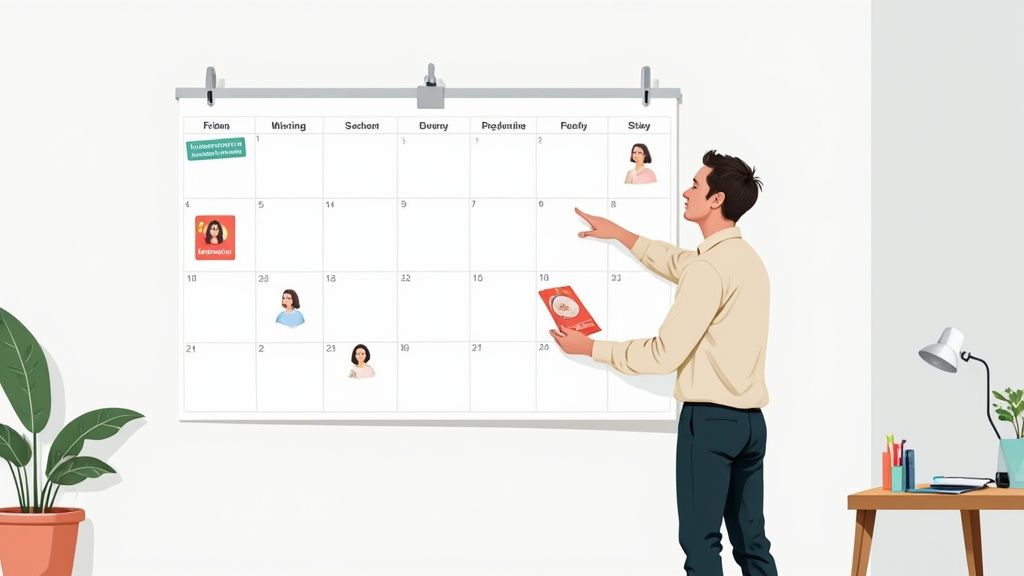 Mann prüft die Verfügbarkeit von Eventpersonal auf einem großen Wandkalender mit Avataren.