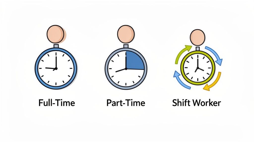 Illustration von Arbeitszeitmodellen: Vollzeit (volle Uhr), Teilzeit (teilweise gefüllte Uhr) und Schichtarbeit (Uhr mit Pfeilen).