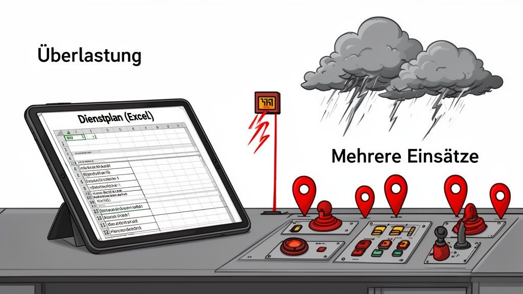 Manuelle Einsatzplanung mit Excel führt zu Überlastung bei mehreren simultanen Notfällen, symbolisiert durch Unwetter.