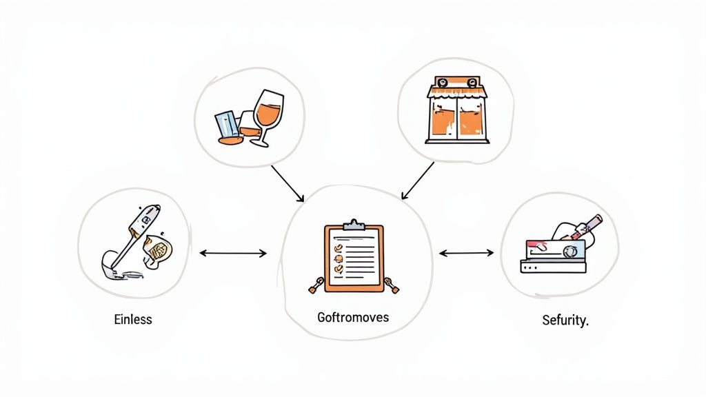 Diagramm zeigt Goftromoves-Planung mit Verbindungen zu Getränken, Geschäft, Labor und Sicherheit