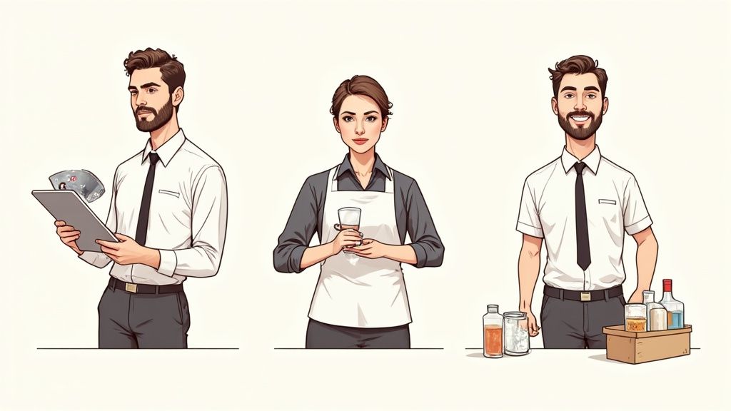 Drei Zeichentrickfiguren: Mann mit Tablet, Frau mit Glas, Mann mit Getränken, symbolisieren Catering-Personal.