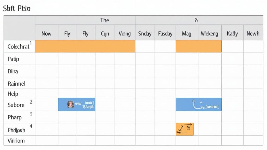 Ein Screenshot eines Excel-Schichtplans, der bunte Zellen zur Hervorhebung verschiedener Schichten und Wochenenden zeigt.