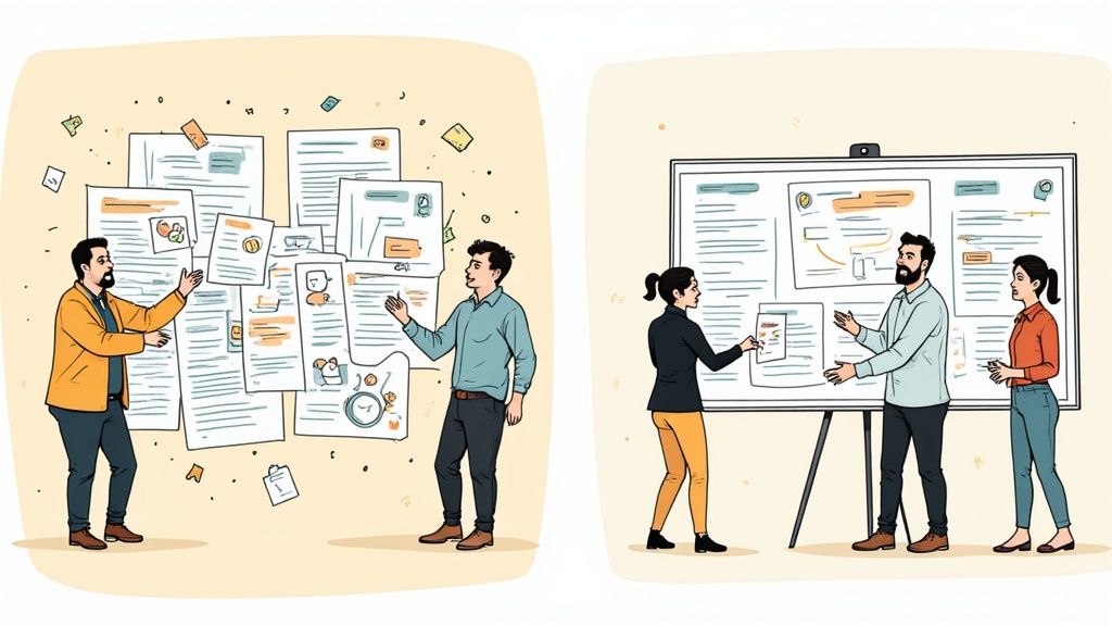 Mitarbeiter präsentieren Schichtpläne: links unübersichtlich mit Zetteln, rechts klar strukturiert an Whiteboard.