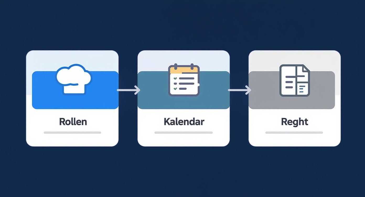 Ein Flussdiagramm zeigt drei Schritte: Rollen (Kochmütze), Kalender (Terminliste) und Reght (Dokument) mit Pfeilen dazwischen.