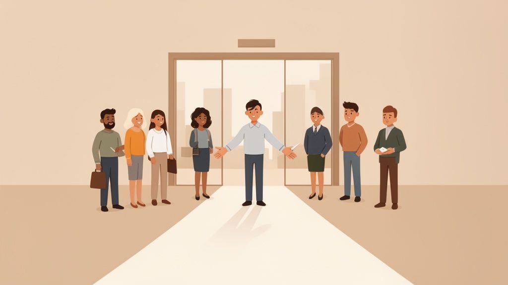 Eine Gruppe vielfältiger Menschen steht vor einem Aufzug, wobei ein Mann mit offenen Armen gestikuliert.