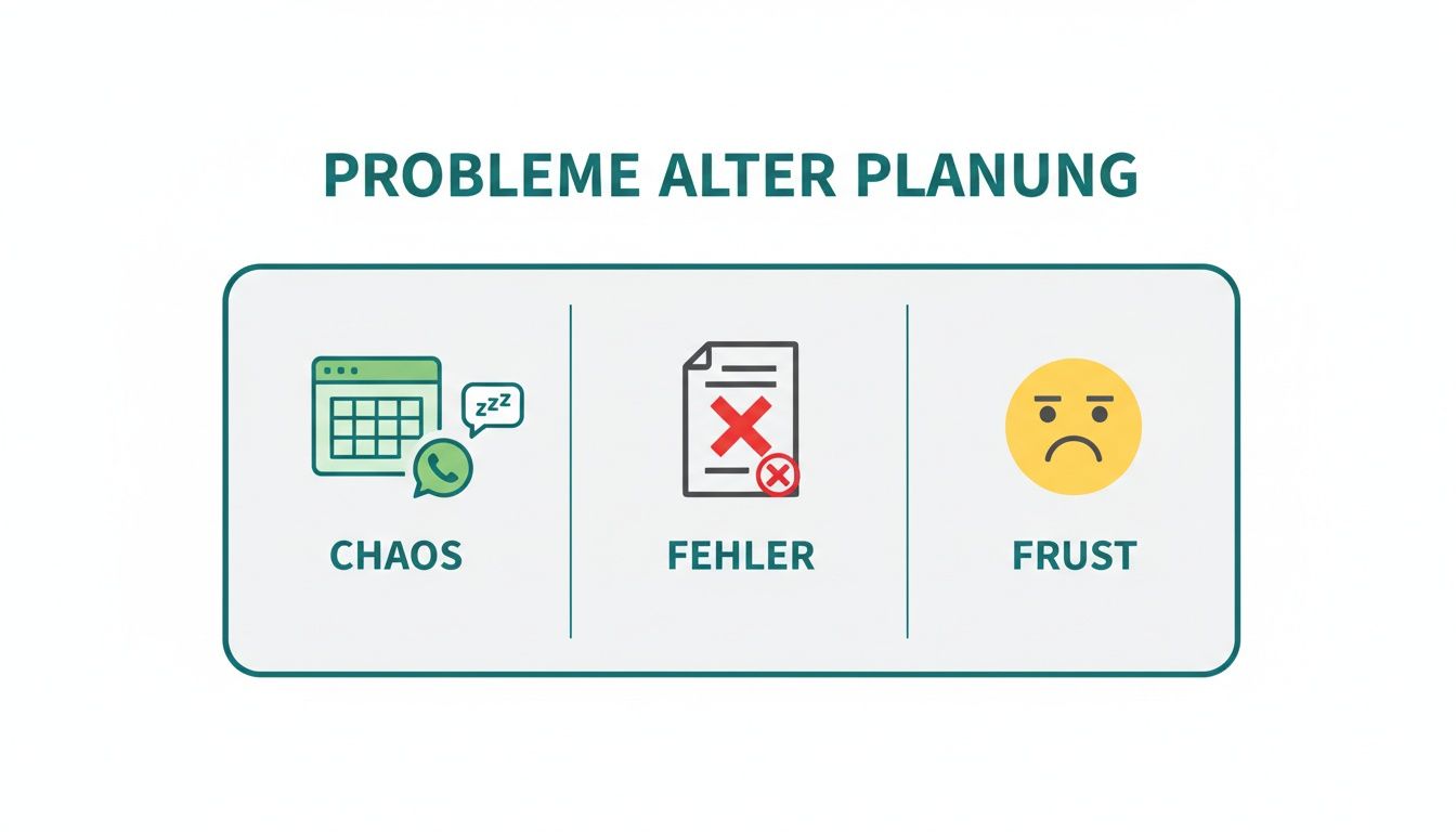 Bild zeigt Probleme alter Planung: Chaos (Kalender, Nachrichten), Fehler (Dokument mit X) und Frust (trauriges Gesicht).