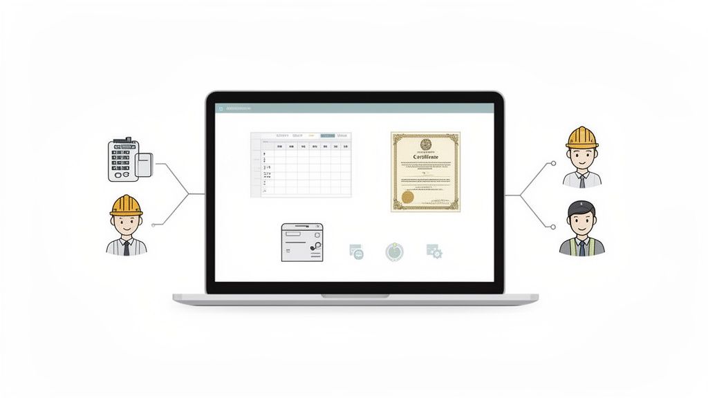 Laptop zeigt Zeitplan und Zertifikat, verbunden mit Bauarbeitern und Dokumentenverwaltung für Mitarbeiter-Onboarding.