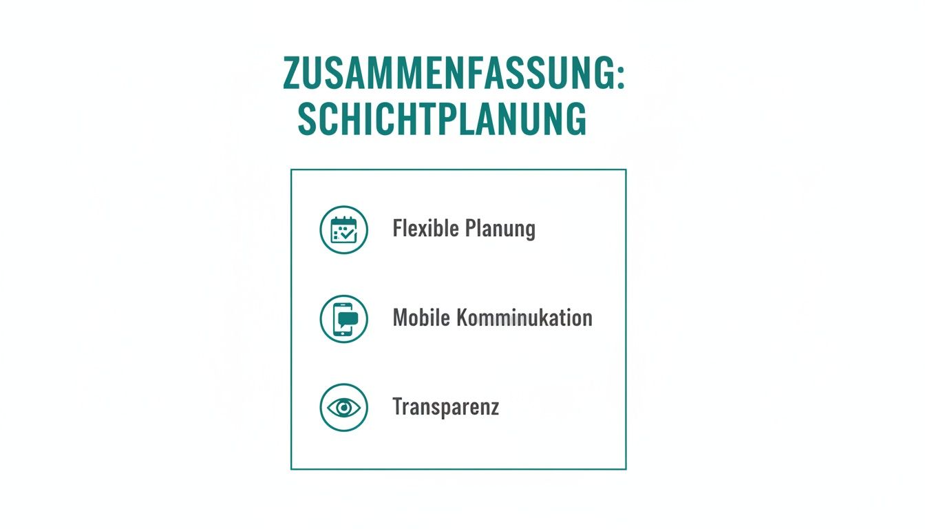 Zusammenfassung der Schichtplanung mit flexibler Planung, mobiler Kommunikation und Transparenz dargestellt.