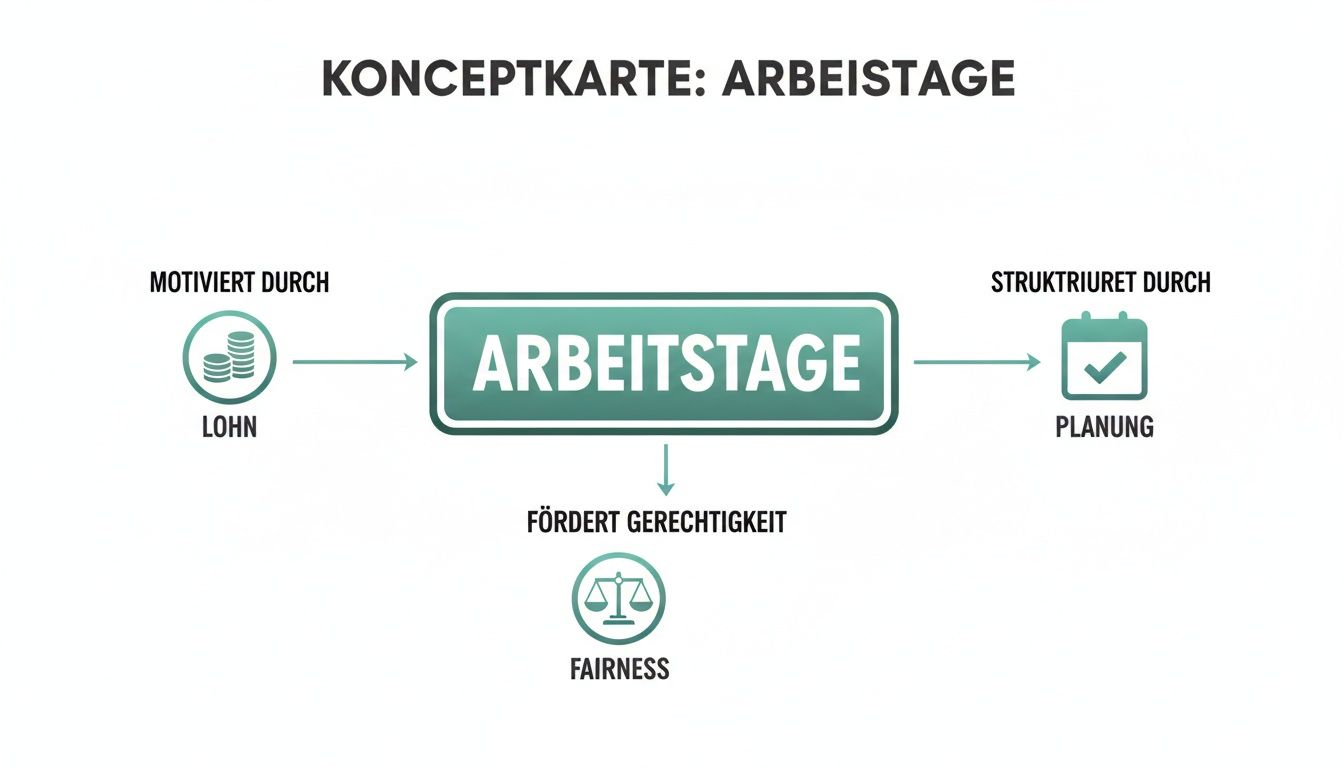 Konzeptkarte über Arbeitstage, motiviert durch Lohn, strukturiert durch Planung und fördert Gerechtigkeit/Fairness.