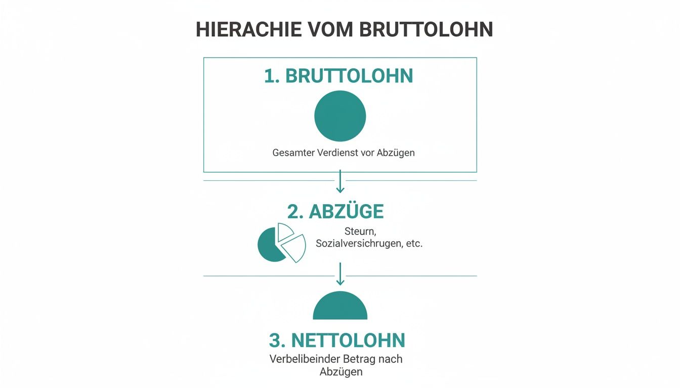 Flussdiagramm visualisiert die Hierarchie des Bruttolohns: von Bruttolohn über Abzüge bis zum Nettolohn.