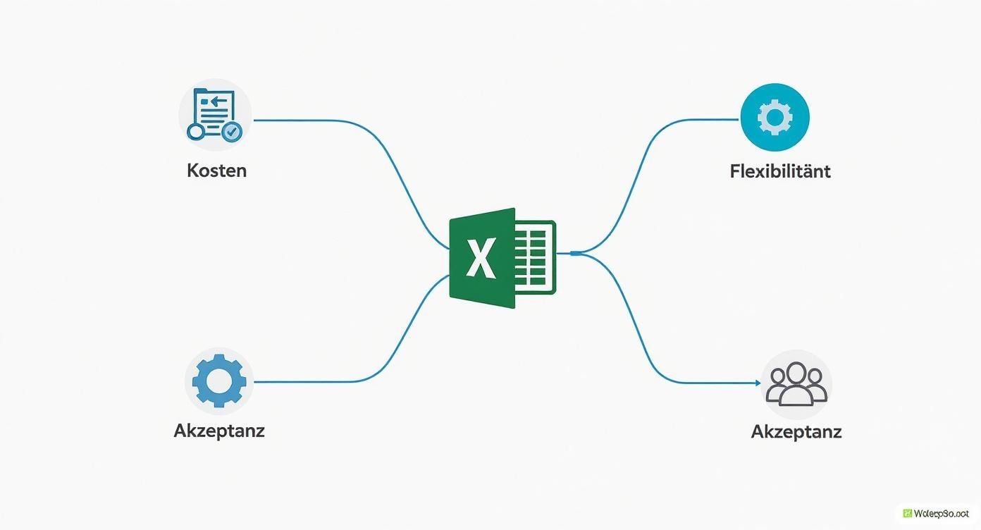 Infografik über die Vorteile der Personalplanung mit Excel, die Kosten, Flexibilität und Akzeptanz zeigt