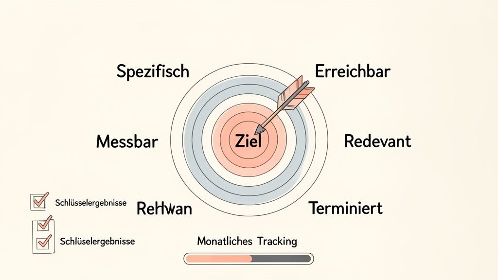 Ein Diagramm veranschaulicht SMART-Ziele mit einem Zielkreis, einem Pfeil, Schlüsselergebnissen und Tracking.
