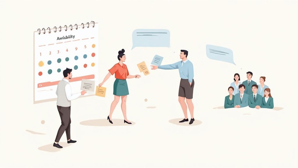 Team koordiniert Schichtplanung und Verfügbarkeit mit digitalem Kalender zur Arbeitszeitoptimierung