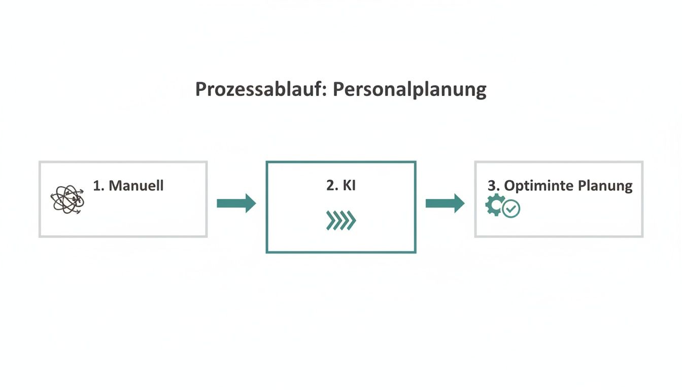 Flussdiagramm zum Prozessablauf der Personalplanung: Manuell, KI-gestützt und optimiert für Effizienz.