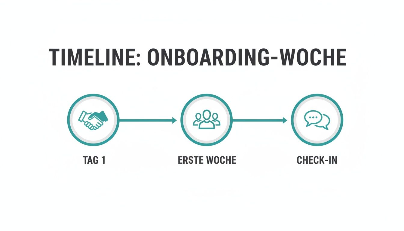 Infografik: Eine Zeitleiste für die Onboarding-Woche neuer Mitarbeiter mit drei Phasen: Tag 1, Erste Woche und Check-in.