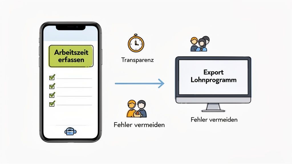 Arbeitszeiterfassung per Smartphone führt zu Transparenz und fehlerfreiem Export ins Lohnprogramm.