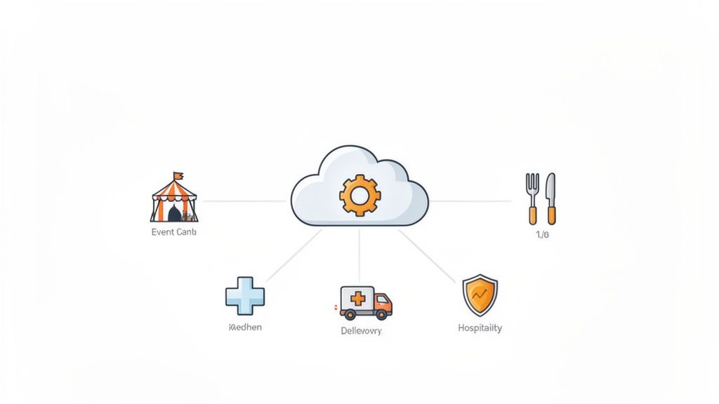 Diagramm einer Cloud-Automatisierungsplattform, die verschiedene Branchen wie Veranstaltungen, Gastronomie, Medizin und Lieferdienste verbindet.