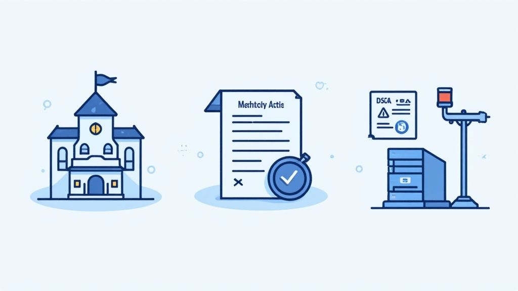 Illustration von einem Gebäude, einem Dokument mit Bestätigung und Server-Ausrüstung mit Überwachung.